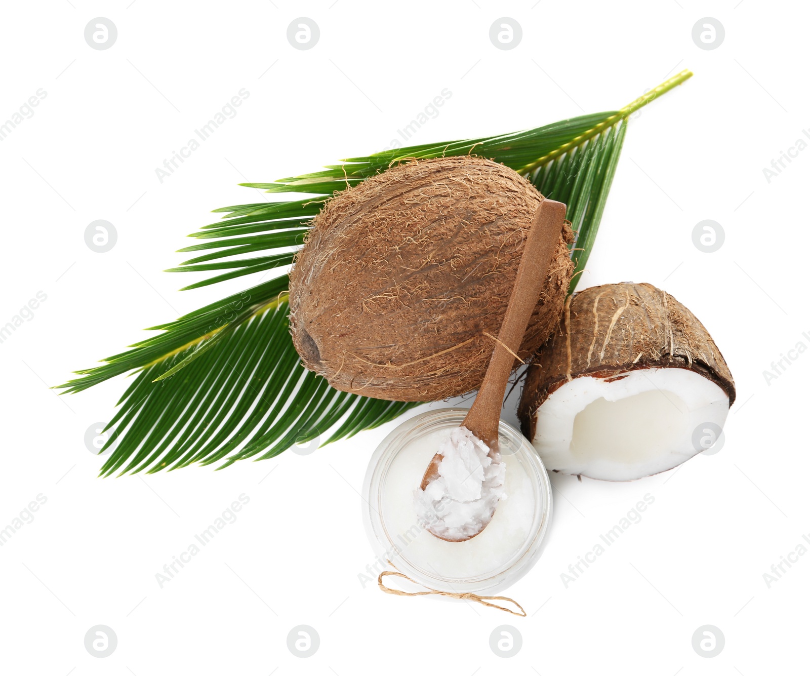 Photo of Composition with organic coconut oil on white background, top view. Healthy cooking