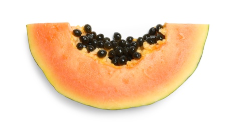 Slice of fresh juicy papaya on white background, top view