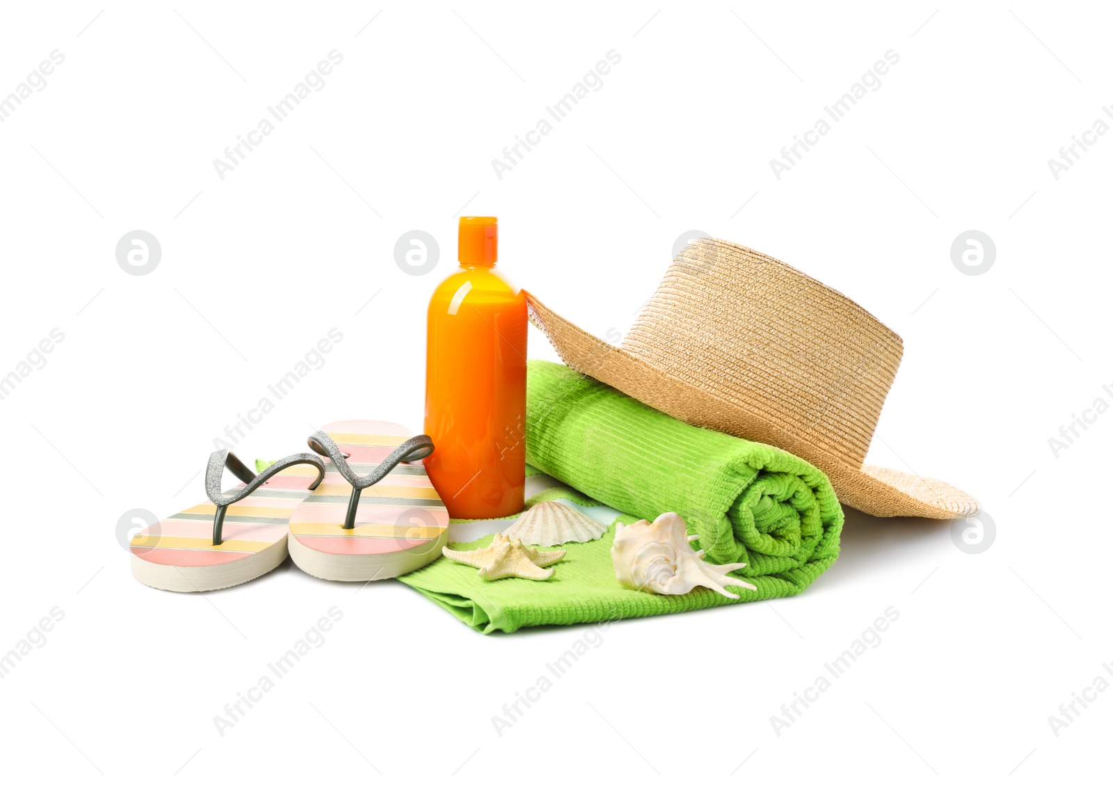 Photo of Different stylish beach accessories on white background