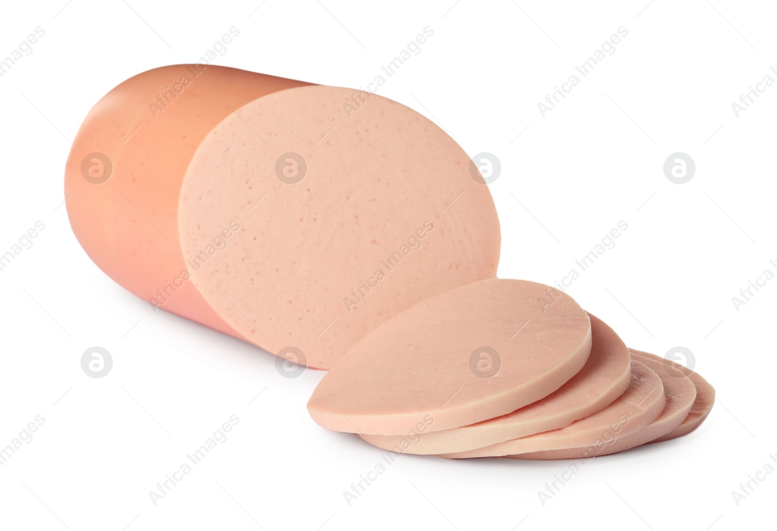 Photo of Tasty cut boiled sausage on white background