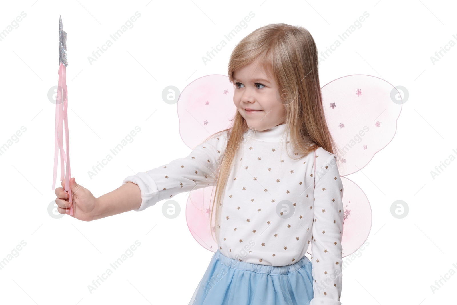 Photo of Cute little girl in fairy costume with pink wings and magic wand on white background