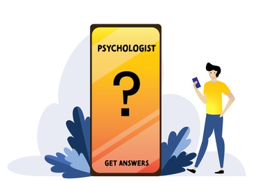 Illustration of Online psychological service. Man with device near big phone