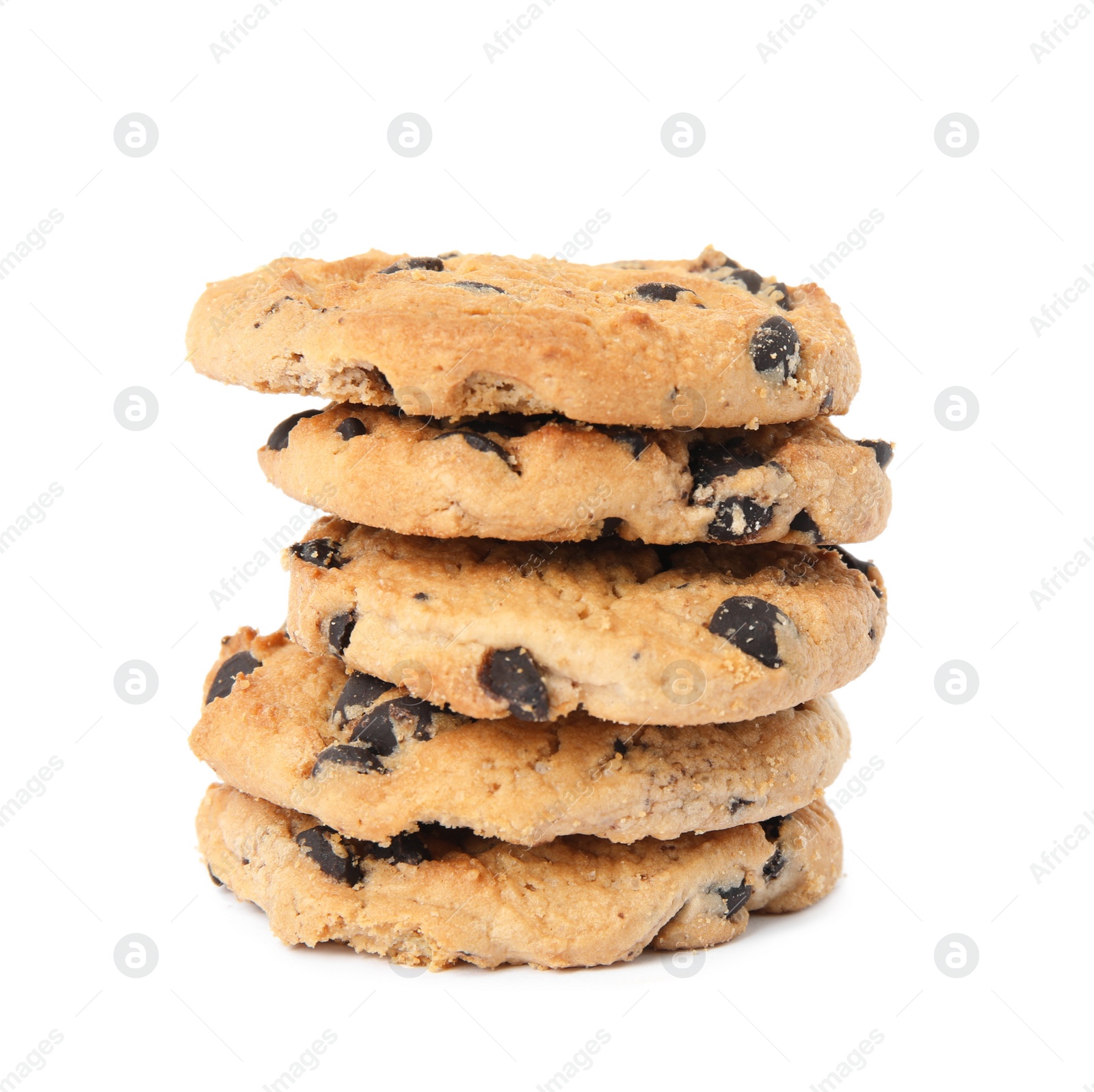 Photo of Stack of delicious chocolate chip cookies on white background