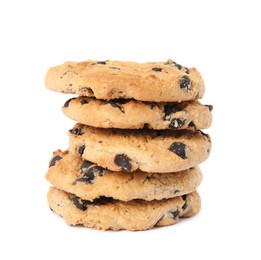 Stack of delicious chocolate chip cookies on white background