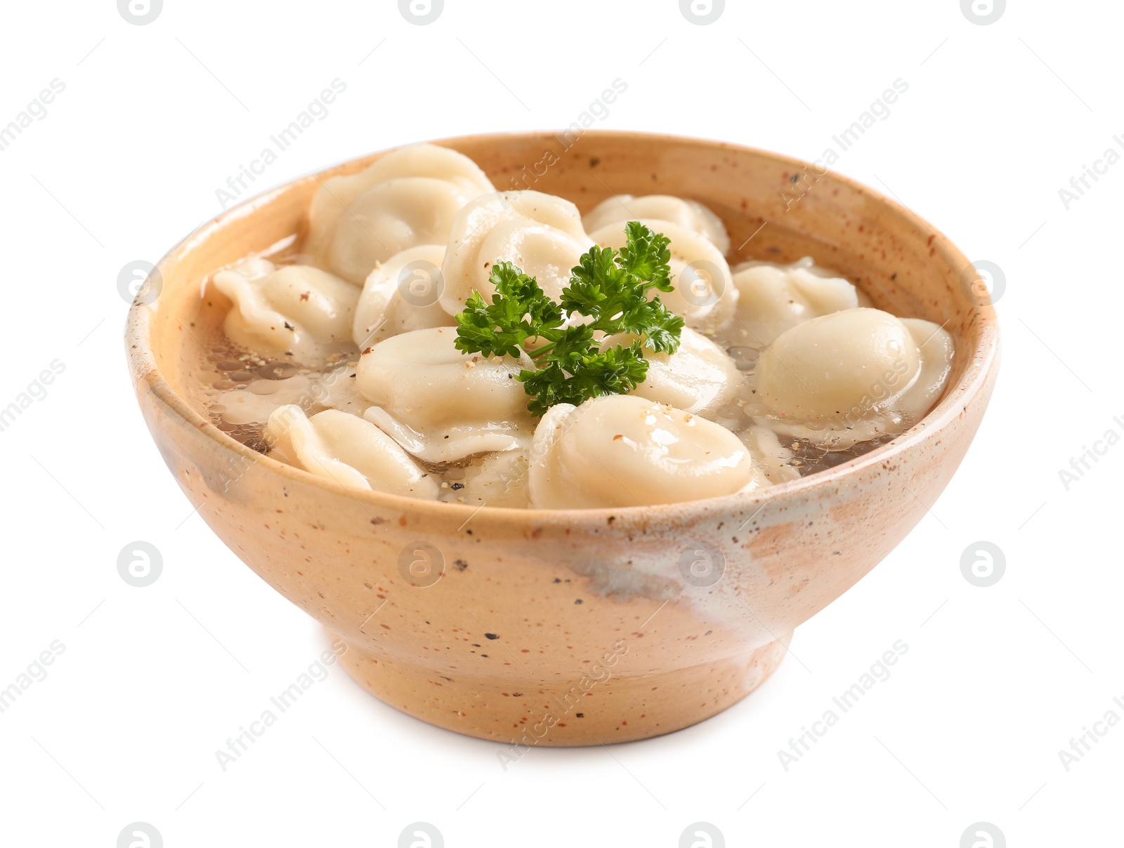 Photo of Bowl of tasty dumplings in broth isolated on white