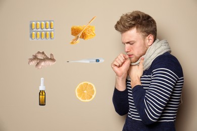 Image of SIck man surrounded by different drugs and products for illness treatment on beige background
