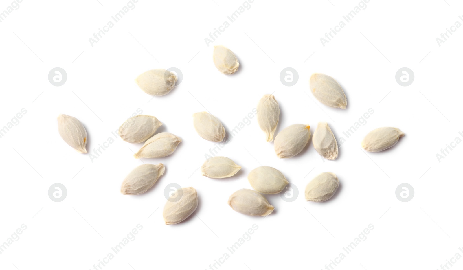 Photo of Many seeds of tangerine isolated on white, top view