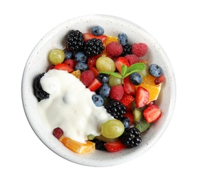 Photo of Fresh tasty fruit salad with yogurt on white background, top view