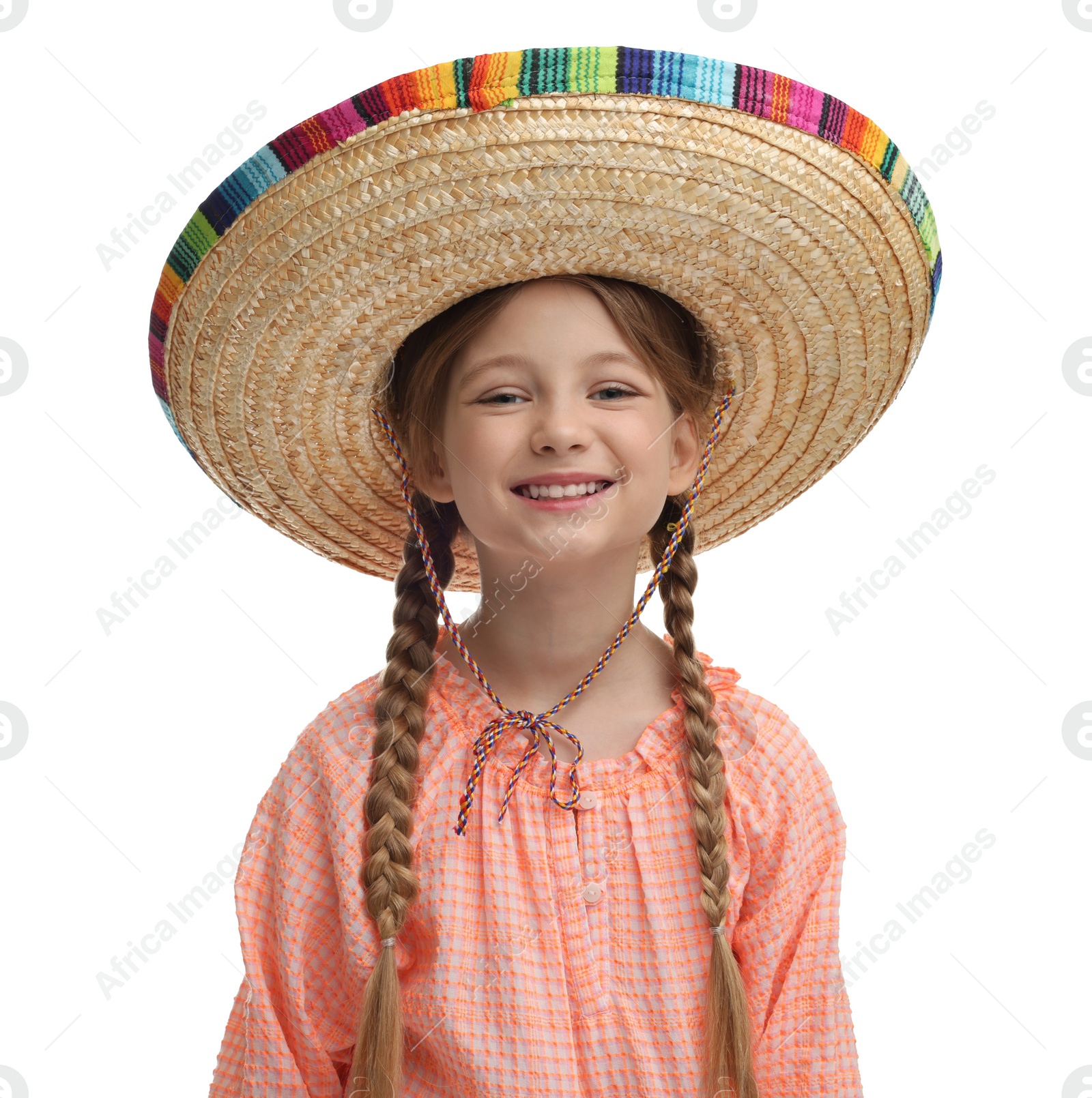 Photo of Cute girl in Mexican sombrero hat on white background