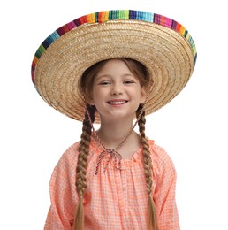 Photo of Cute girl in Mexican sombrero hat on white background