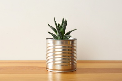 Photo of Houseplant in tin can on wooden table, closeup