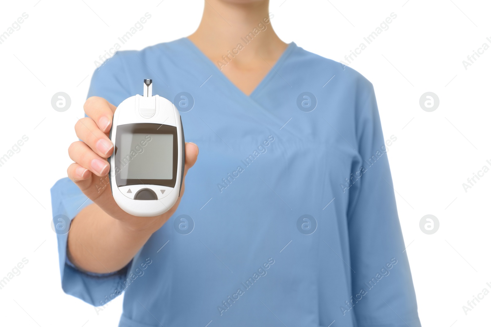 Photo of Female doctor holding glucose meter on white background, closeup. Medical object