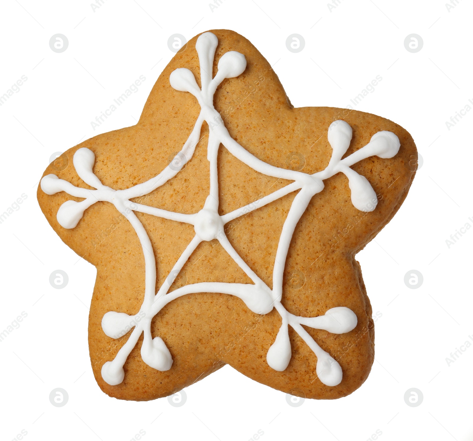 Photo of Tasty star shaped Christmas cookie with icing isolated on white