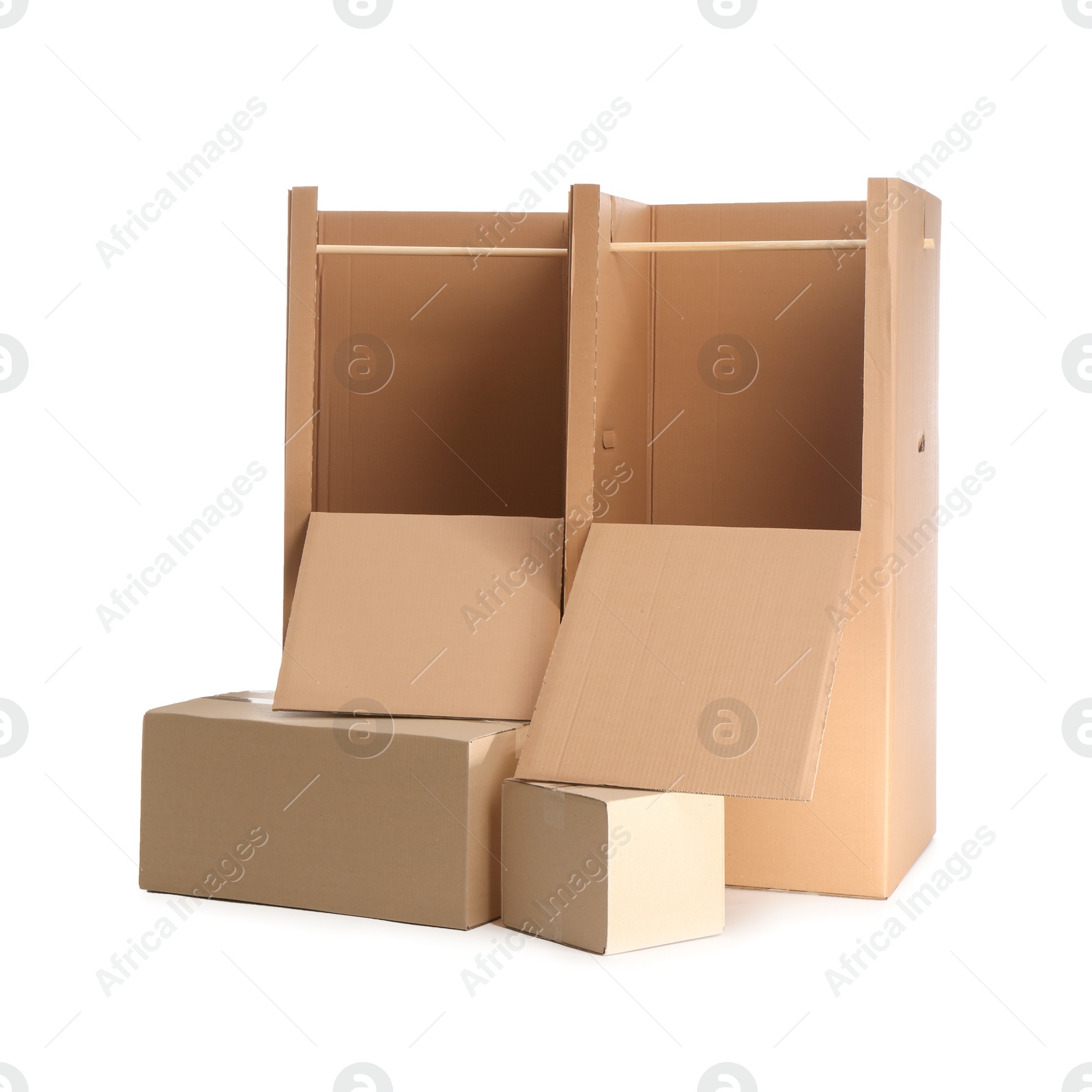 Photo of Empty cardboard wardrobe boxes on white background