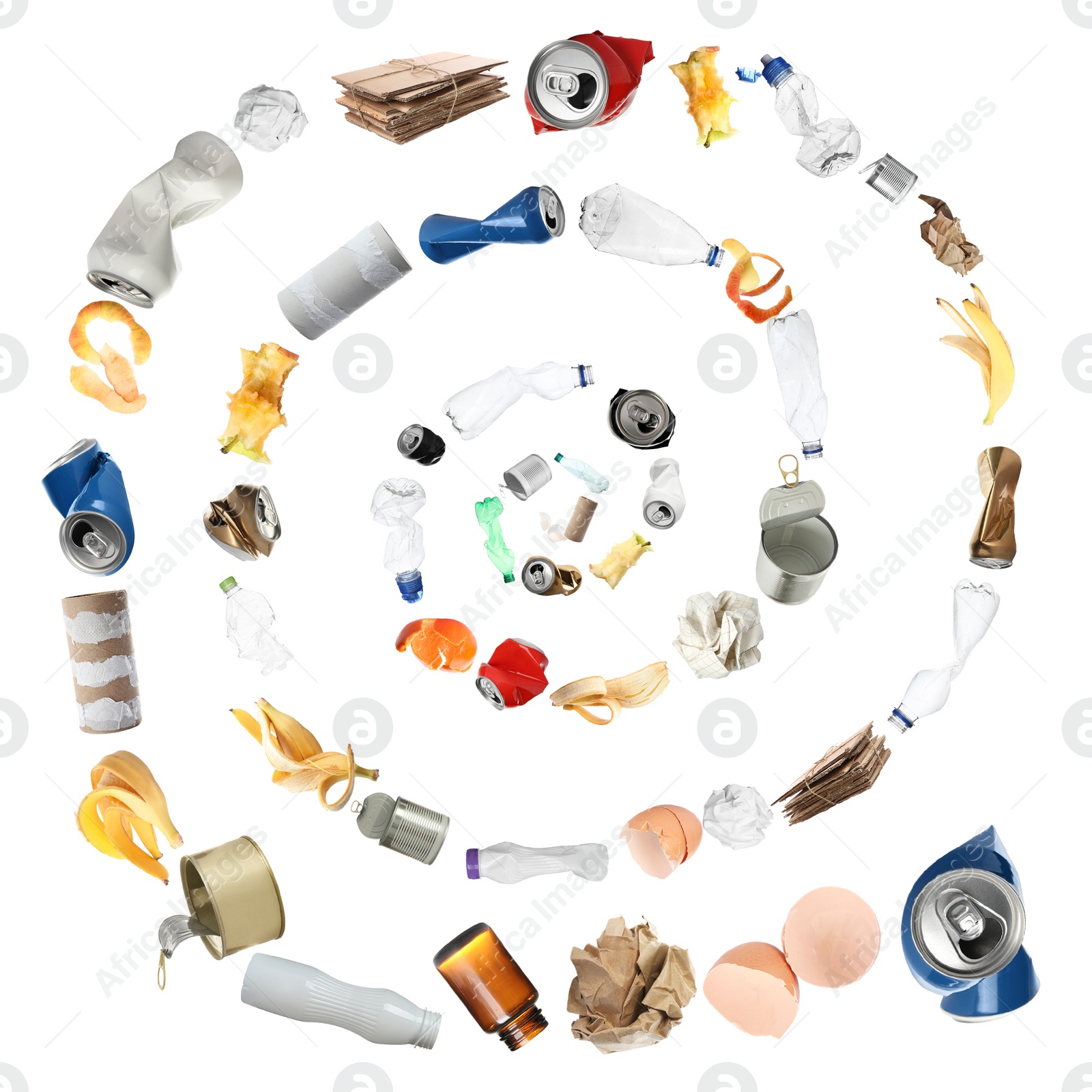 Image of Lots of different garbage flying on white background