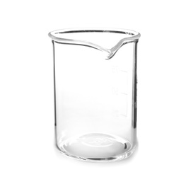 Photo of Empty beaker on white background. Laboratory analysis equipment