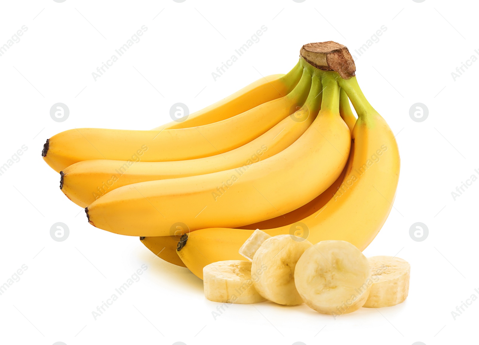 Image of Delicious ripe bananas and pieces on white background