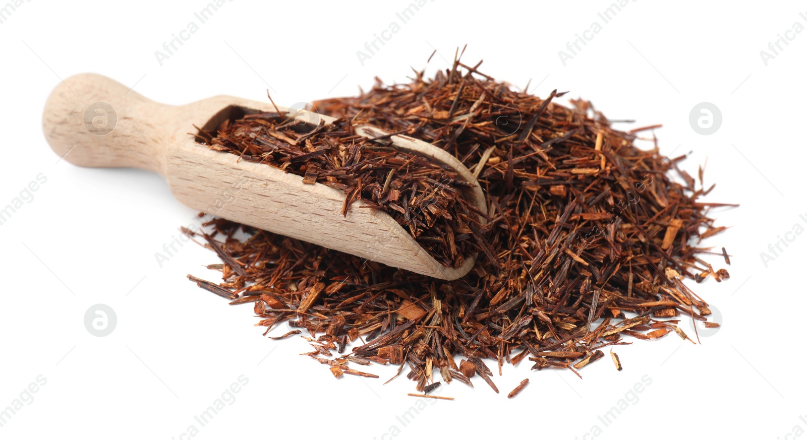 Photo of Rooibos tea and scoop isolated on white