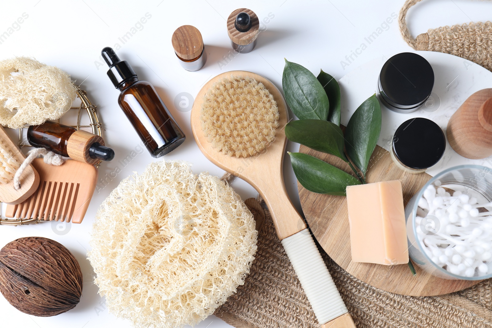 Photo of Bath accessories. Flat lay composition with personal care products on white background