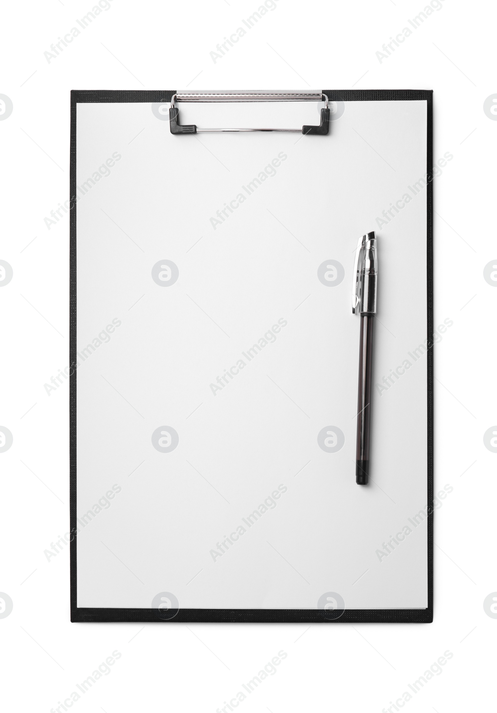 Photo of Clipboard with sheet of paper and pen isolated on white, top view. Space for text