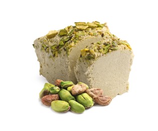 Image of Tasty halva and pistachio nuts isolated on white