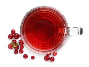 Photo of Cup of delicious cranberry tea and berries isolated on white, top view