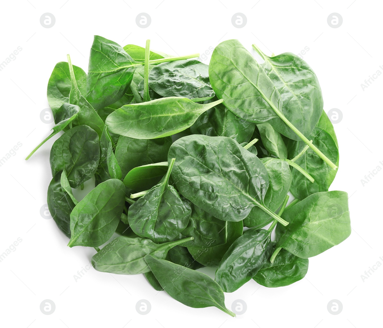 Photo of Heap of fresh green healthy baby spinach leaves isolated on white, top view