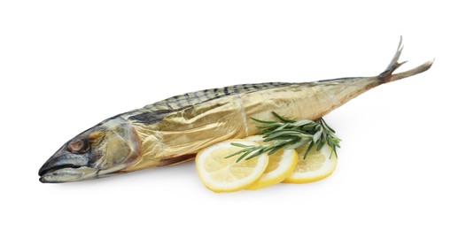 Photo of Delicious smoked mackerel, lemon slices and rosemary on white background