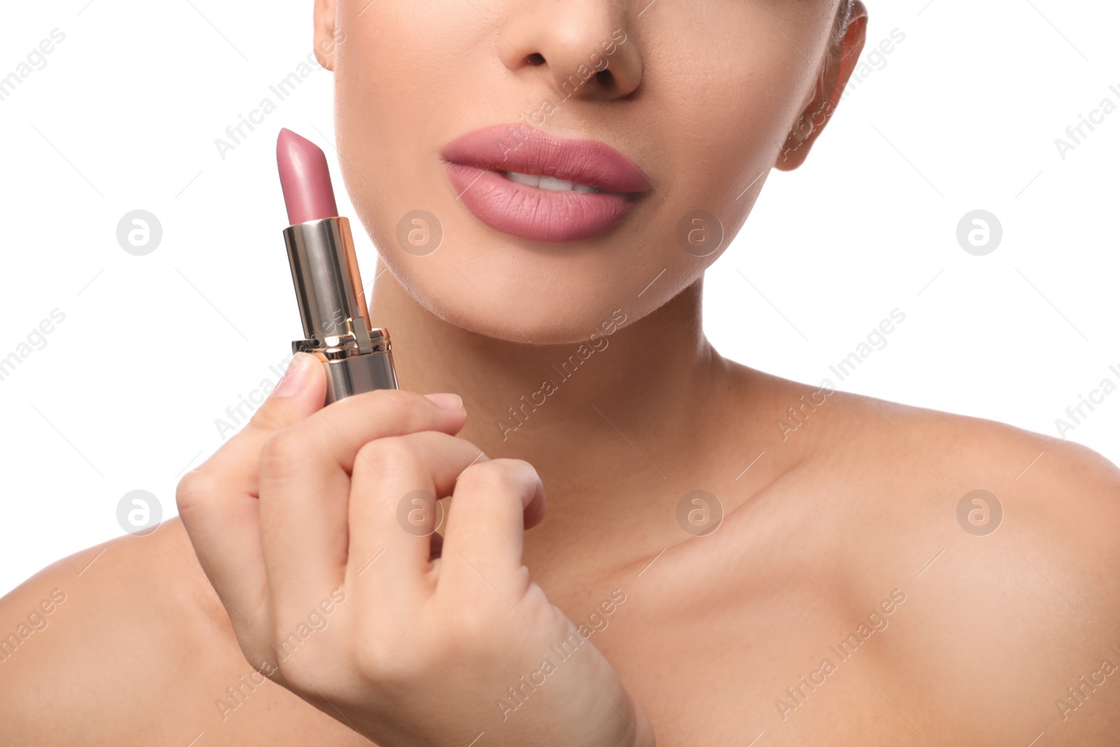 Photo of Woman with pink lipstick on white background, closeup