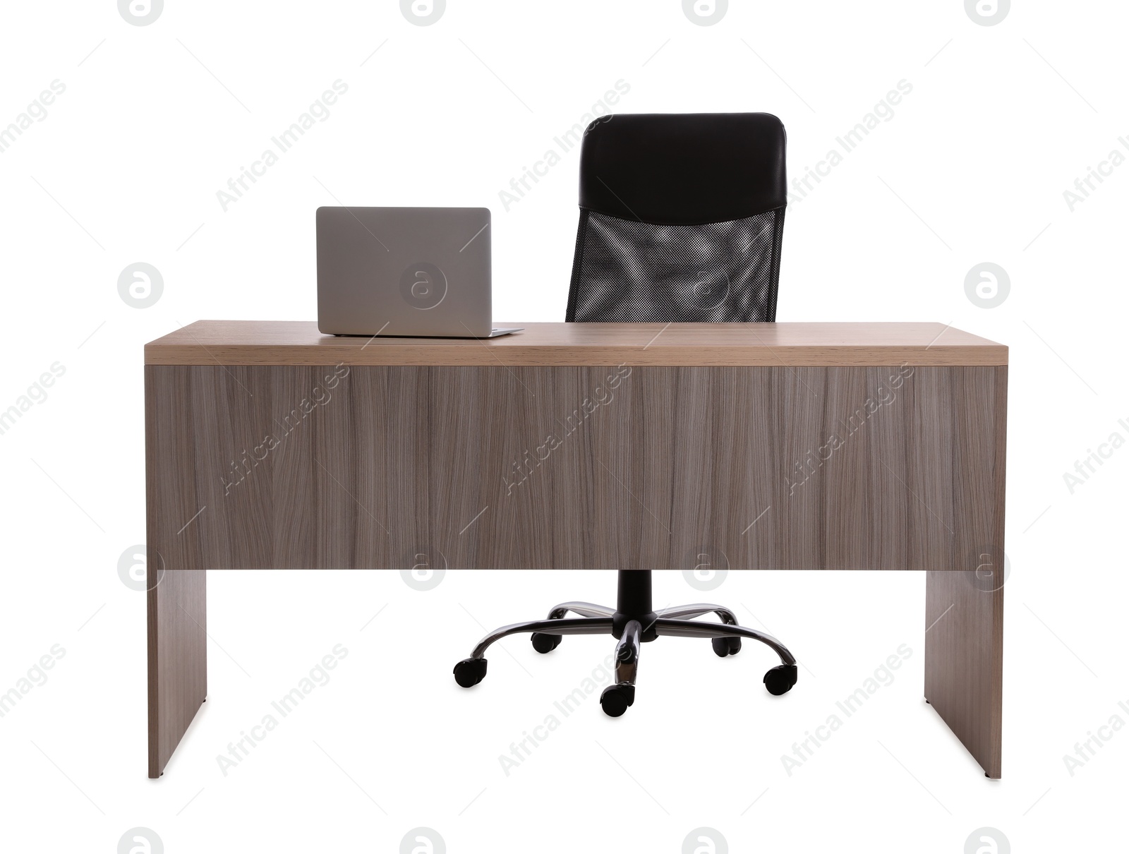 Photo of Stylish workplace with laptop and comfortable armchair on white background