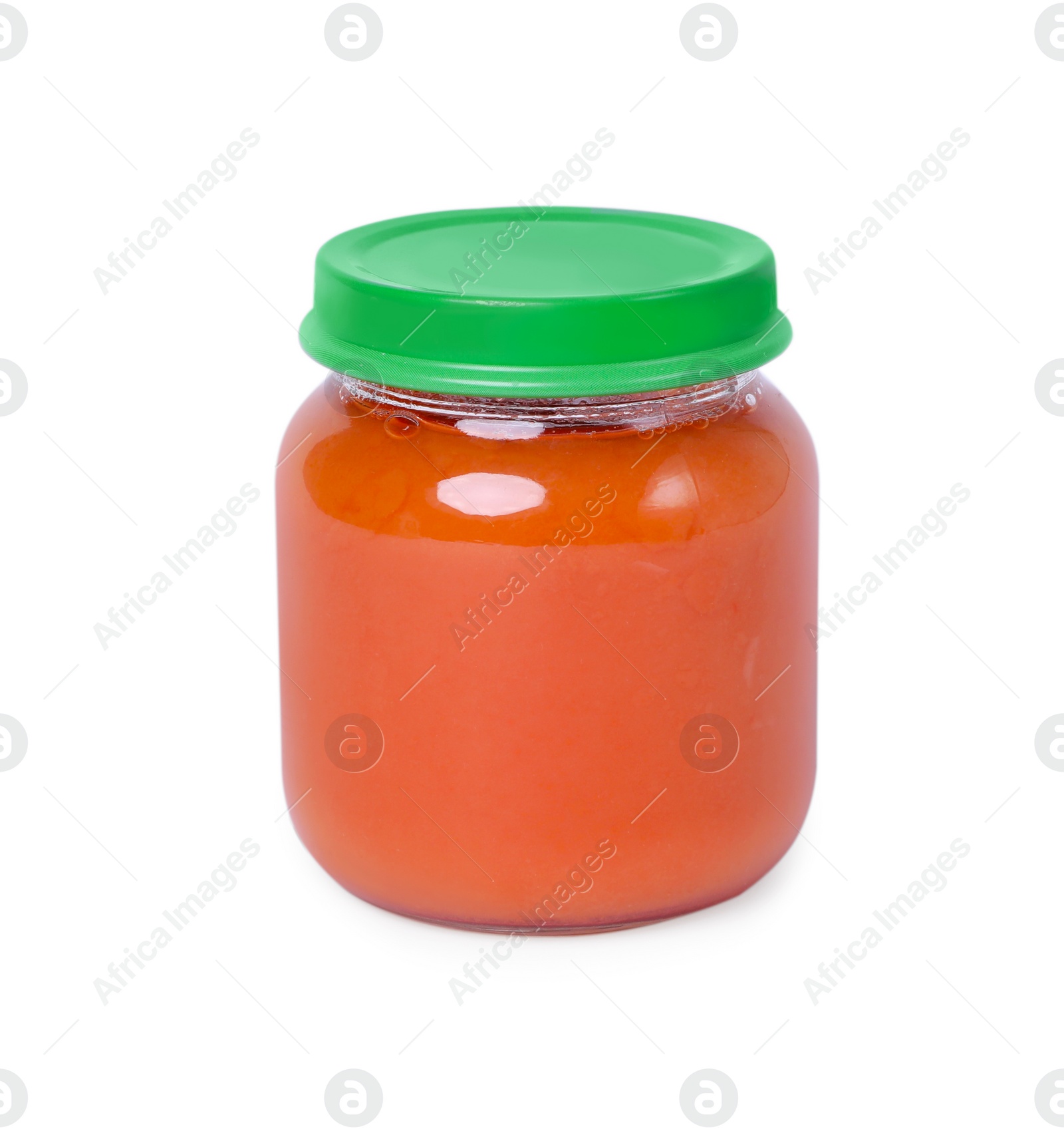 Photo of Glass jar with healthy baby food isolated on white