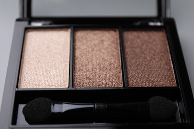 Beautiful eyeshadow palette and applicator as background, closeup. Professional cosmetic product
