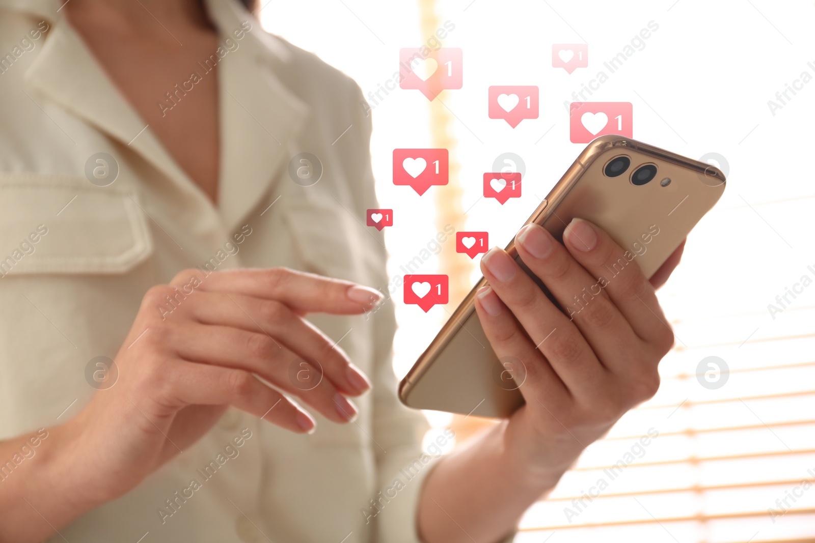 Image of Young woman using smartphone indoors, closeup. Social media
