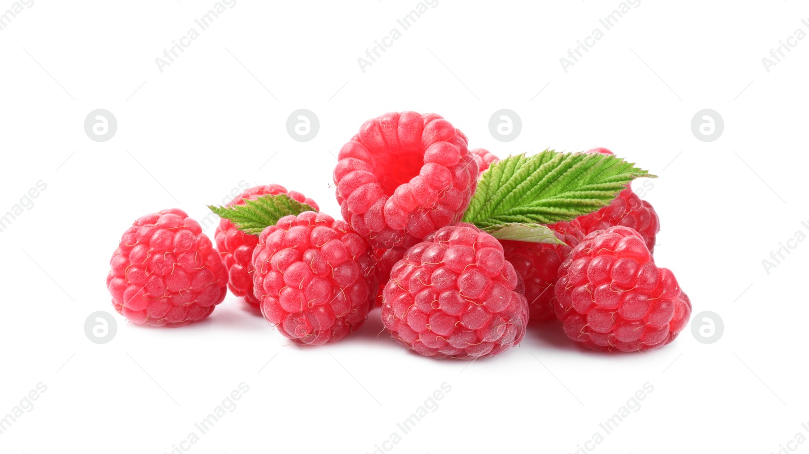 Photo of Many fresh ripe raspberries and green leaves isolated on white