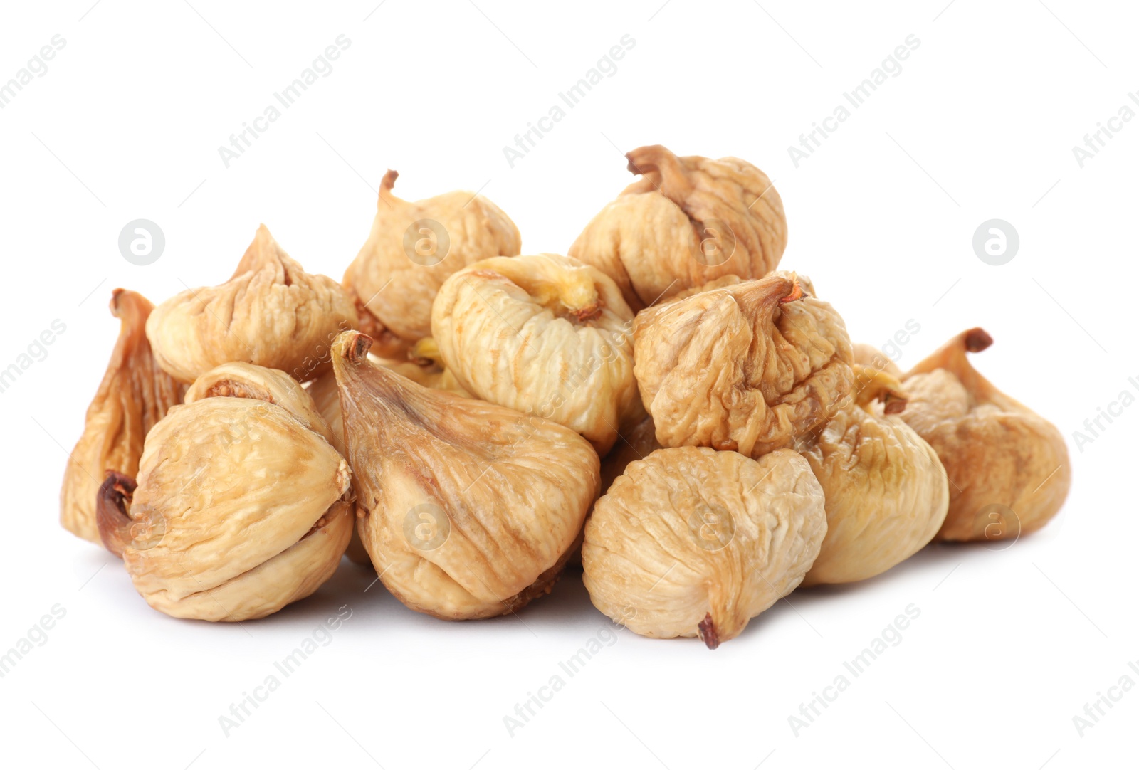 Photo of Tasty figs on white background. Dried fruit as healthy food