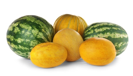 Delicious melons and watermelons on white background