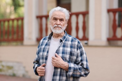 Portrait of happy grandpa with grey hair outdoors