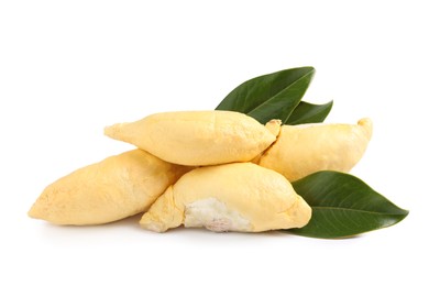 Pieces of fresh ripe durian and leaves on white background