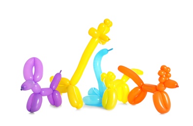 Animal figures made of modelling balloons on white background