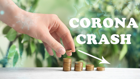 Image of Corona crash. Woman stacking coins on white wooden table