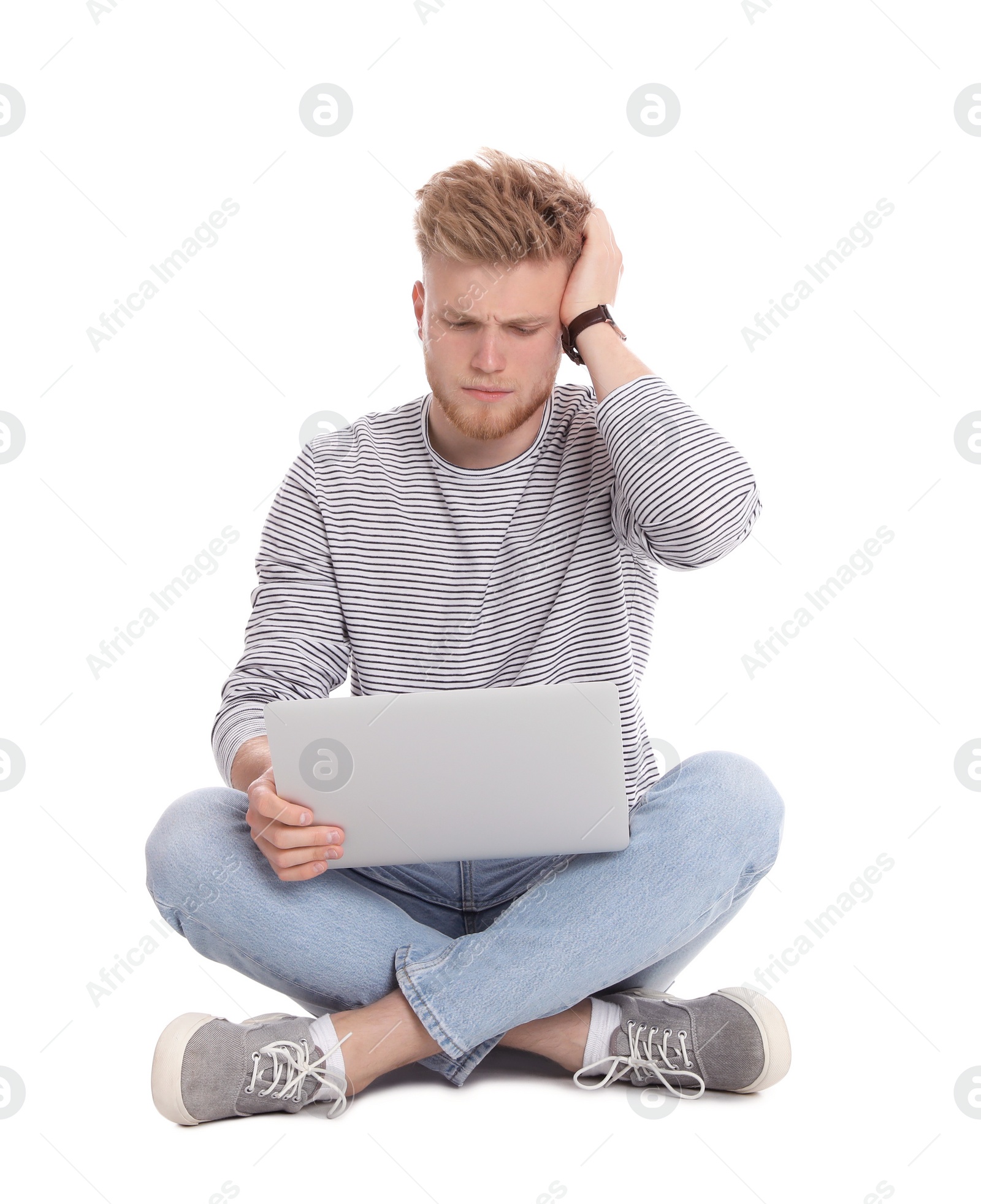 Photo of Emotional man with laptop on white background