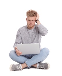 Emotional man with laptop on white background