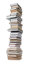 High stack of many different books isolated on white