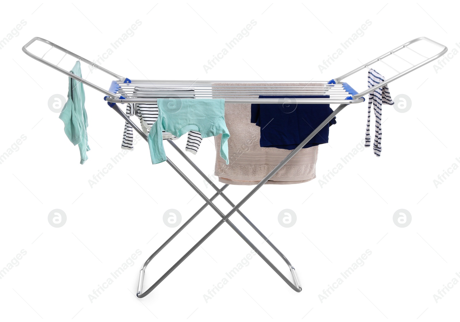 Photo of Modern drying rack with clothes on white background