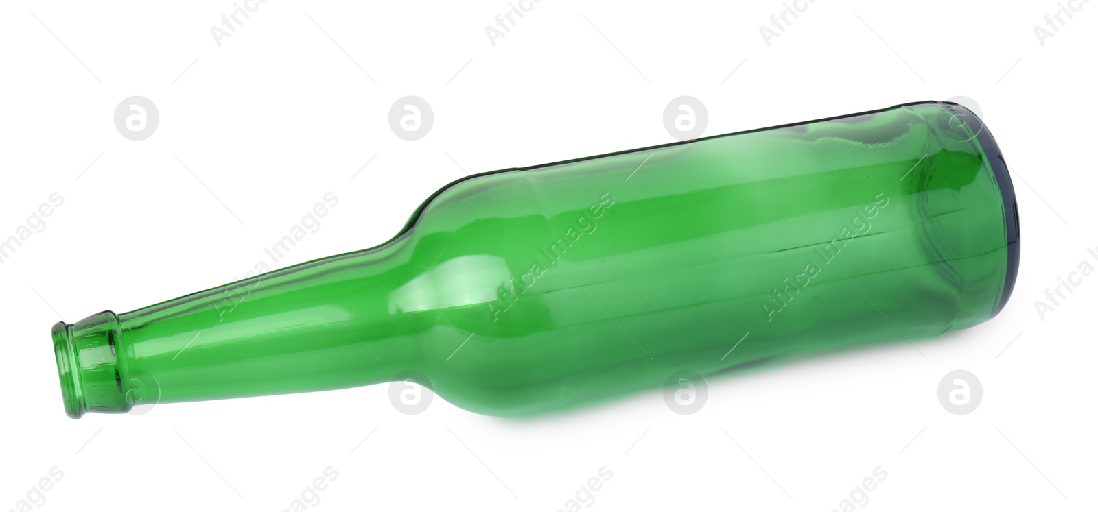 Photo of One empty green beer bottle isolated on white