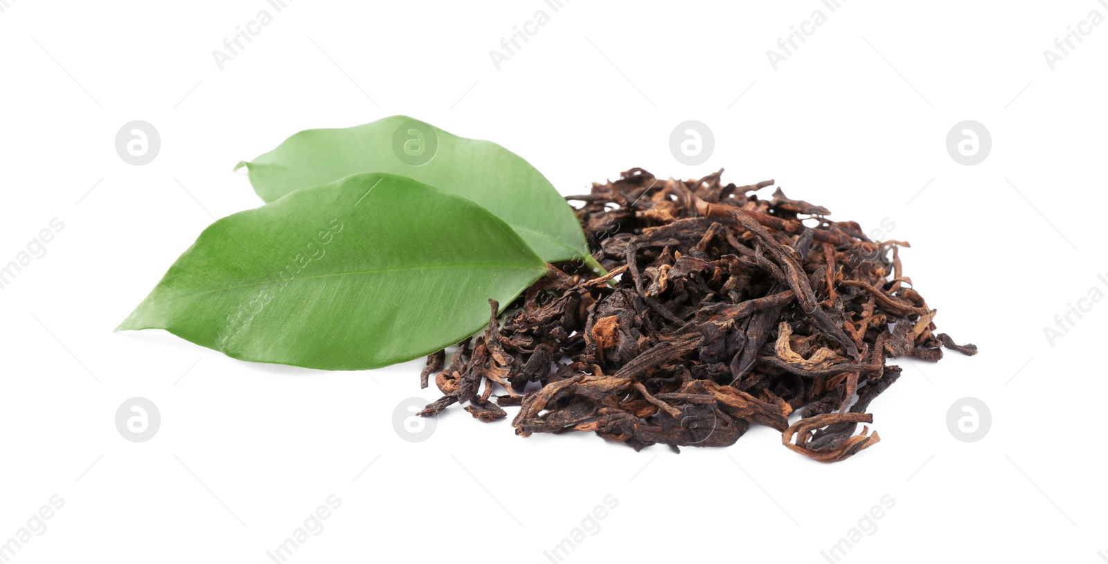 Photo of Traditional Chinese pu-erh tea and fresh leaves isolated on white