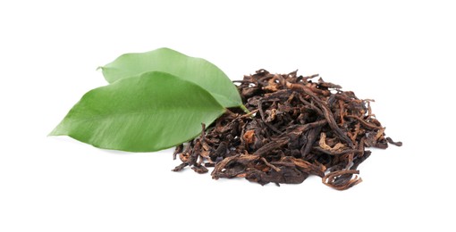 Traditional Chinese pu-erh tea and fresh leaves isolated on white