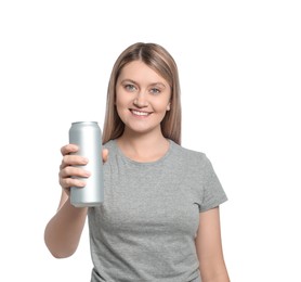 Photo of Beautiful happy woman holding beverage can on white background