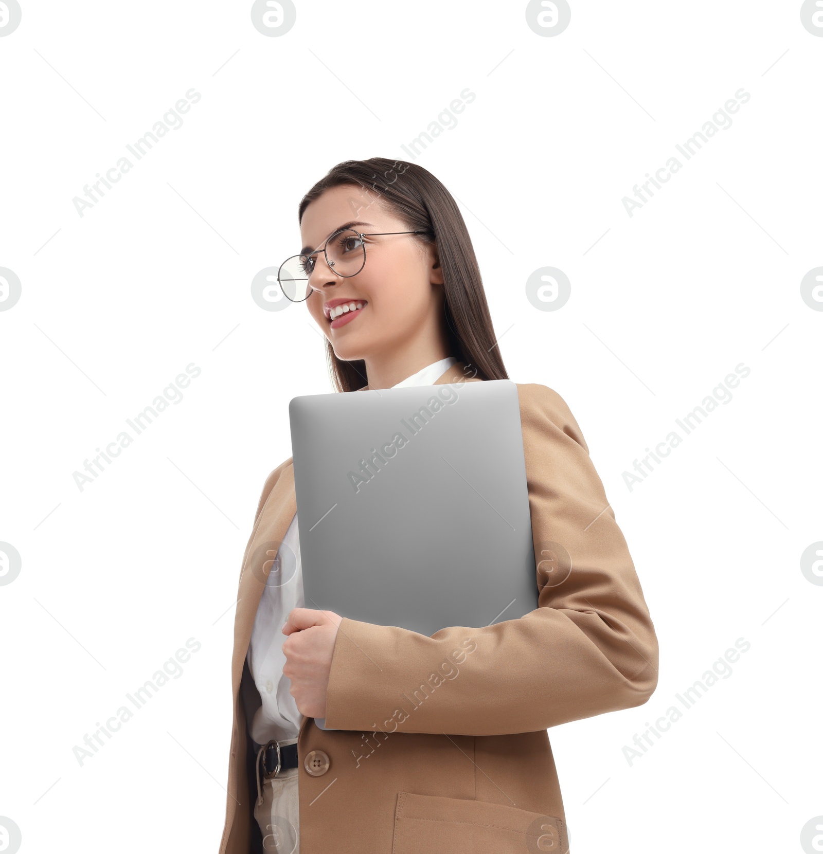 Photo of Beautiful businesswoman with laptop on white background, low angle view