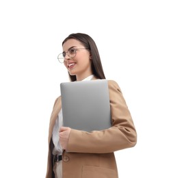 Beautiful businesswoman with laptop on white background, low angle view